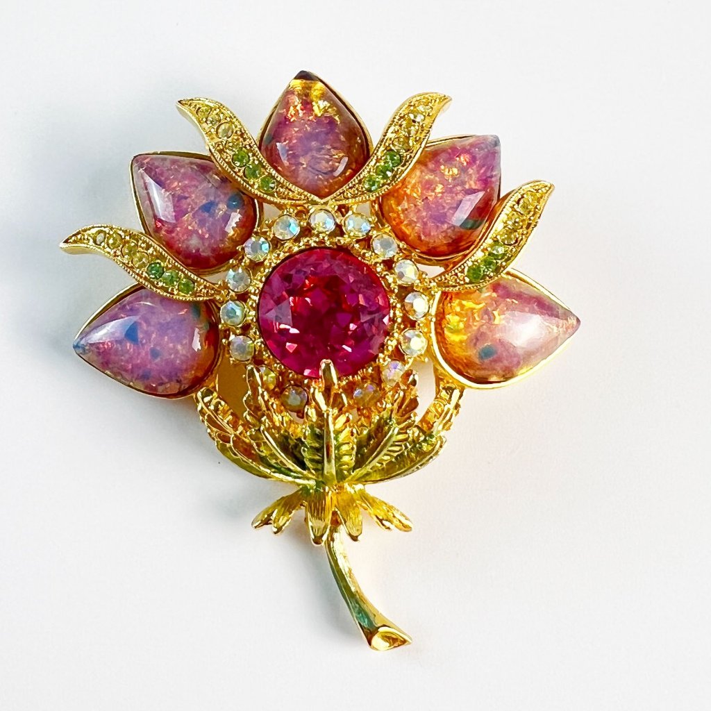 Vintage Graziano Dragon's Breath Faux Opal Pink Rhinestone Gold Flower Brooch Pi